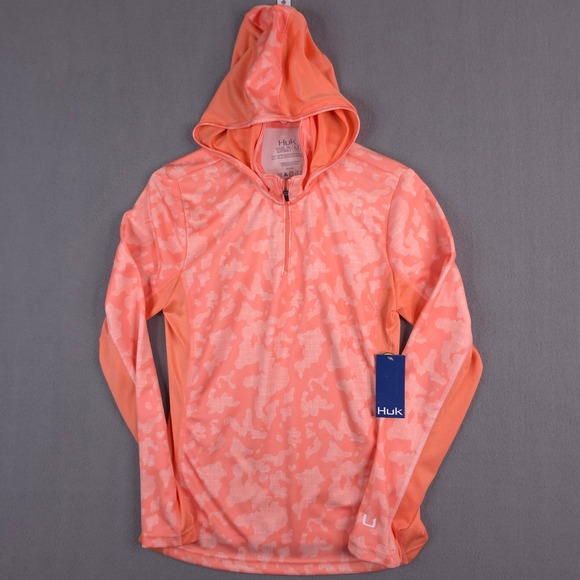 Huk Tops - Huk‎ Icon X Running Lakes Hoodie Womens M Peach Camo Quarter Zip Fishing Shirt